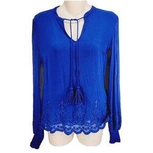 Plenty by Tracy Reese Blouse Small S Blue Lace Chiffon Layered Long Sleeve Shirt